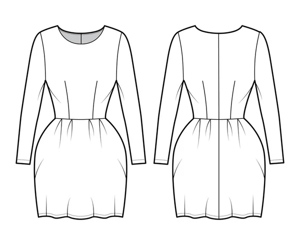 Sukienka dzwonek moda Ilustracja z długimi rękawami, dopasowany korpus, mini długość ołówek spódnica. Przód odzieży płaskiej — Wektor stockowy
