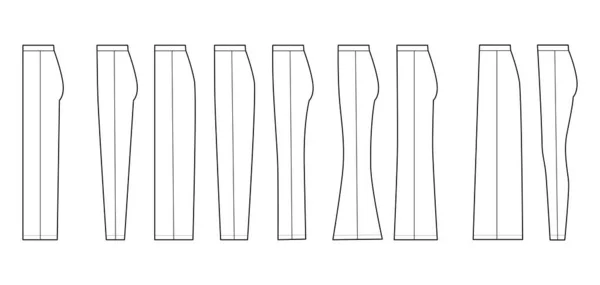 Силуэт брюк бокового вида техническая иллюстрация моды с нормальной талией, прямой, стройной подошвой, мешковатый, колышек, ботинок — стоковый вектор