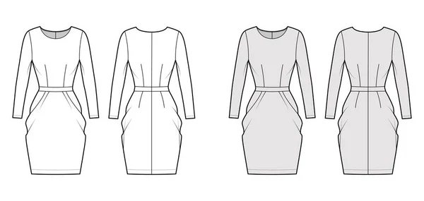 Φόρεμα τουλίπα τεχνική εικόνα μόδας με μακριά μανίκια, εξοπλισμένο σώμα, γόνατο μήκος peg-top φούστα μολύβι — Διανυσματικό Αρχείο