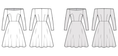 Omuz üstü Bardot teknik tasviri, uzun kollu, vücuduna uygun, diz boyu yarı dairesel etekli.