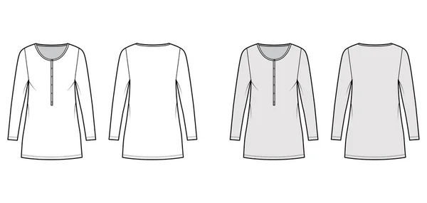 Šaty henley límec technické módní ilustrace s dlouhými rukávy, nadrozměrné tělo, mini délka tužka sukně oblečení — Stockový vektor