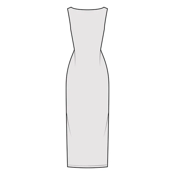 Ilustração de moda técnica sem costas vestido com corpo equipado, saia de lápis de comprimento maxi chão, decote barco. noite —  Vetores de Stock