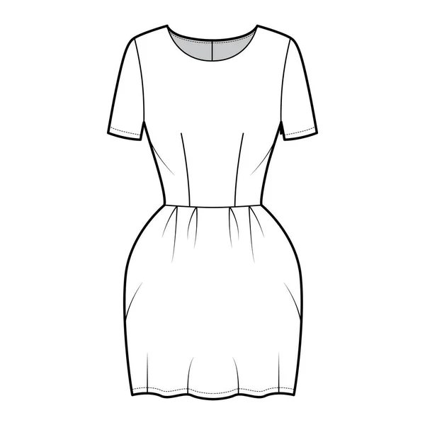 Kleid glocke technische modeillustration mit kurzen ärmeln, taillierten körper, mini lange bleistiftrock. Flache Bekleidung vorne — Stockvektor