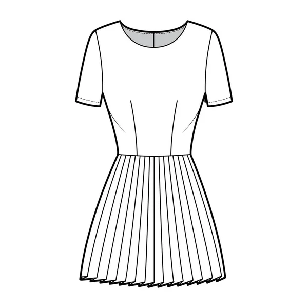 Vestido plissado ilustração de moda técnica com mangas curtas, corpo equipado, mini saia de comprimento. Vestuário liso frente — Vetor de Stock