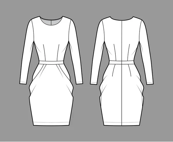 Сукня тюльпан технічна модна ілюстрація з довгими рукавами, встановленим тілом, довжиною коліна пов'язка олівцем спідниця плоский одяг — стоковий вектор