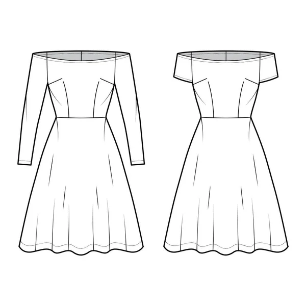 Conjunto de Vestidos fuera de hombro Bardot ilustración técnica de moda con mangas cortas largas, longitud de rodilla falda circular — Vector de stock