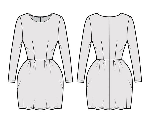 Платье колокольчик техническая мода иллюстрация с длинными рукавами, оснащенный корпус, мини длиной карандаш юбка. Плоская одежда спереди — стоковый вектор