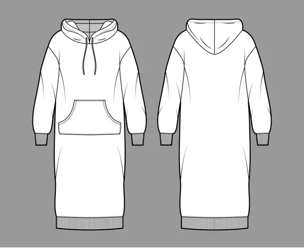 Robe à capuche technique illustration de mode avec manches longues, pochette kangourou, poignets côtelés oversize body, jupe longueur genou — Image vectorielle