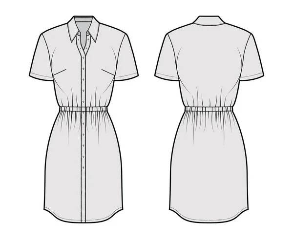 Vestido de moda técnica ilustração com cintura reunida, mangas curtas, equipado, colar clássico, fechamento de botão —  Vetores de Stock