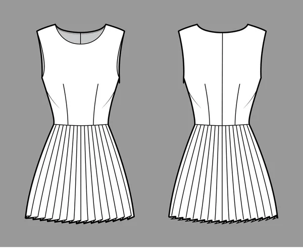 Vestido plissado ilustração de moda técnica com mangas, corpo equipado, mini saia de comprimento. Roupa plana frente, costas — Vetor de Stock