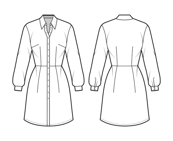 Klänning skjorta teknisk mode illustration med långa ärmar, monterad kropp, knälängd penna kjol, knapp stängning — Stock vektor