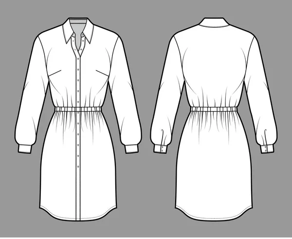 Dress shirt technical fashion illustration with gathered waist, long sleeves, knee length pencil skirt, classic collar — Stock Vector