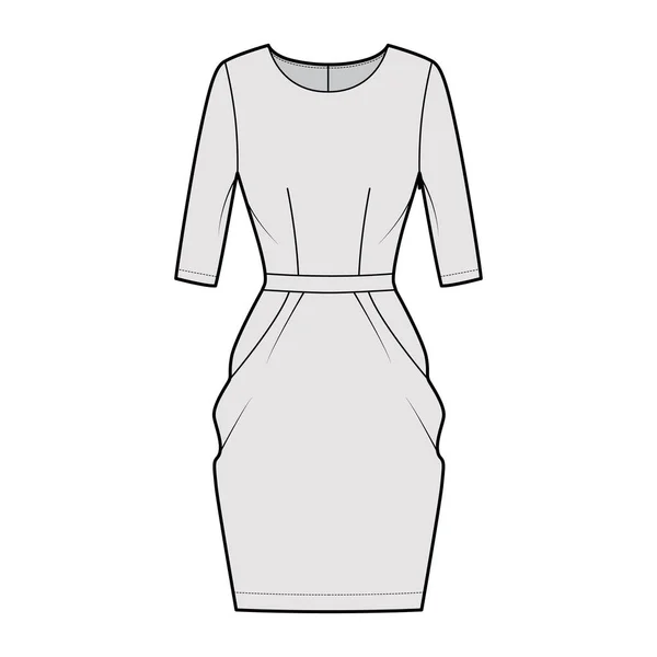 Платье тюльпан техническая мода иллюстрация с рукавами локтя, оснащенный тело, длина колышка колышек верхней юбки карандаша. Плоская квартира — стоковый вектор
