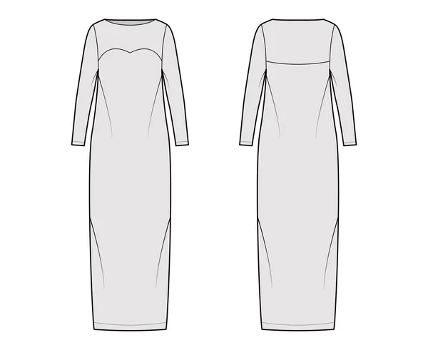 Colonne de robe illustration de mode technique avec manches longues, corps ajusté, jupe crayon longueur maxi au sol. Soirée plate — Image vectorielle