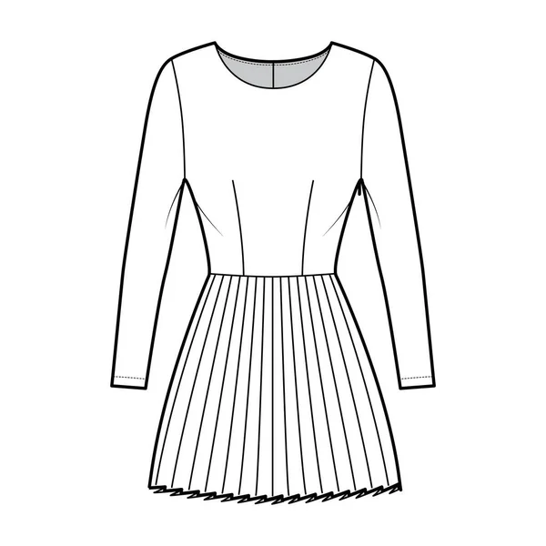 Kleid plissierte technische Modeillustration mit langen Ärmeln, tailliertem Körper, Minirock. Flache Bekleidung vorne — Stockvektor