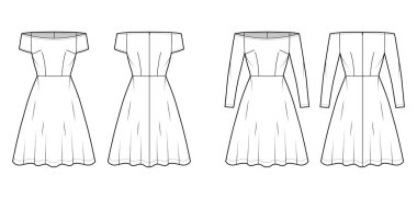 Omuzları açık Bardot 'un uzun kollu, vücuduna uyumlu, diz boyu uzun, teknik tasviri. 