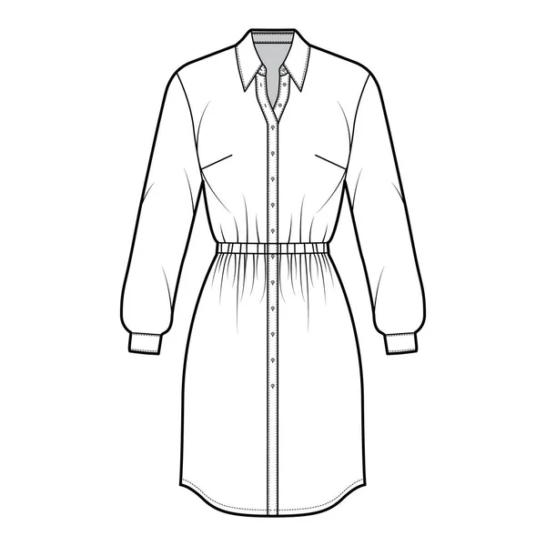 Φόρεμα πουκάμισο τεχνική εικόνα μόδας με συγκεντρώθηκαν μέση, μακριά μανίκια, γόνατο μήκος φούστα μολύβι, κλασικό γιακά — Διανυσματικό Αρχείο