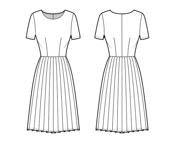 Sukienka plisowana ilustracja moda techniczna z krótkimi rękawami, dopasowany korpus, spódnica długości kolana. Przód odzieży płaskiej — Wektor stockowy