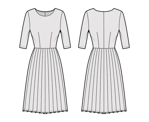 Šaty skládané technické módní ilustrace s lokty rukávy, montované tělo, po kolena sukně. Ploché oblečení vpředu — Stockový vektor