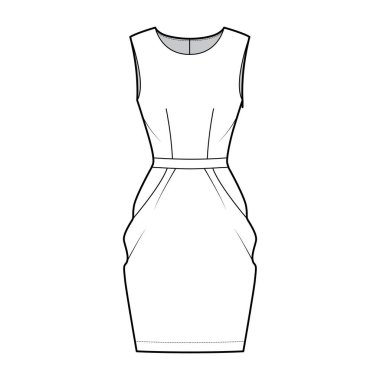 Lale giysisi teknik tasviri kolsuz, vücuduna uygun, diz boyu askılı kalem etekli. Düz giysi.