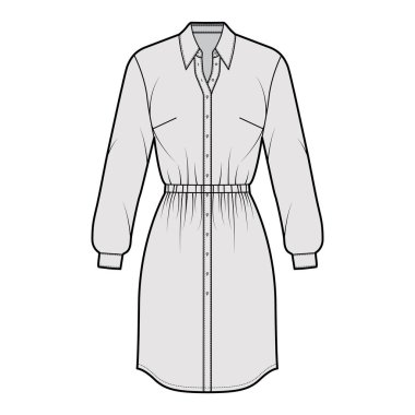 Toplanmış bel, uzun kollu, diz boyu kalem etekli, klasik yakalı, teknik kıyafet tasviri.