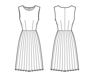 Pilili, teknik moda illüstrasyonlu, kolsuz, vücuduna uygun, diz boyu etekli. Düz giysi önü