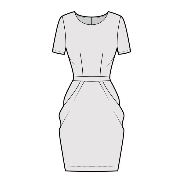 Платье тюльпан техническая мода иллюстрация с короткими рукавами, оснащенный корпус, длина колышка верхней одежды карандаш юбка — стоковый вектор