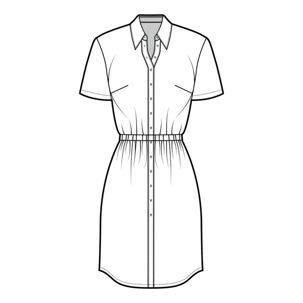 Robe chemise illustration de mode technique avec taille froncée, manches courtes, ajusté, col classique, fermeture par bouton — Image vectorielle