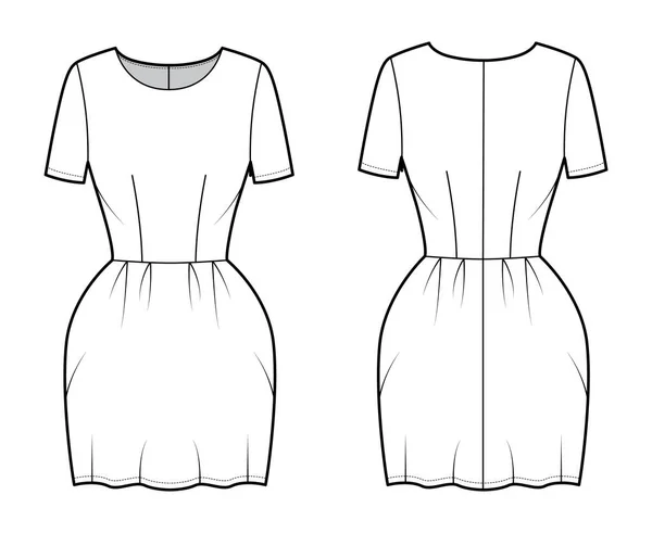 Šaty zvonek technické módní ilustrace s krátkými rukávy, montované tělo, mini délka tužka sukně. Ploché oblečení vpředu — Stockový vektor