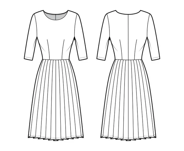 Sukienka plisowana ilustracja moda techniczna z rękawami łokciowymi, dopasowany korpus, spódnica długości kolana. Przód odzieży płaskiej — Wektor stockowy