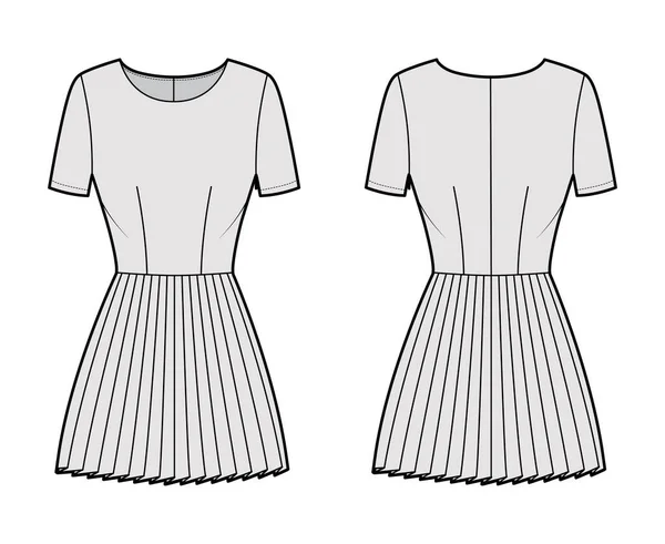 Dress pleated technical fashion illustration with short sleeves, fitted body, mini length skirt. Flat apparel front — Stock Vector