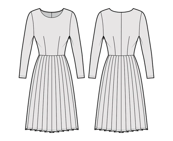 Šaty skládané technické módní ilustrace s dlouhými rukávy, montované tělo, po kolena sukně. Ploché oblečení vpředu — Stockový vektor