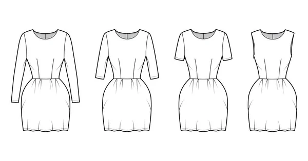 Conjunto de vestidos sino técnica moda ilustração com cotovelo longo manga curta sem mangas, equipado, mini saia de comprimento — Vetor de Stock