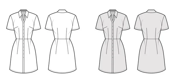 半袖、膝丈の鉛筆スカート、古典的な襟、ボタン閉鎖とドレスシャツ技術的なファッションイラスト — ストックベクタ