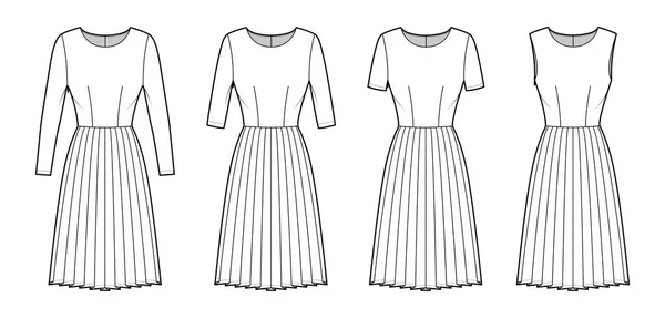 Zestaw sukienek plisowanych technicznych ilustracji mody z długimi rękawami łokciowymi, dopasowany korpus, spódnica długości kolana — Wektor stockowy
