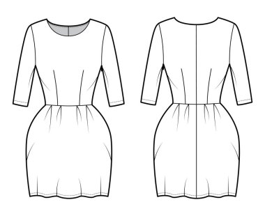 Elbise çanı teknik tasviri, dirsek kolları, vücuduna uygun, mini uzunlukta kalem eteği. Düz giysi önü