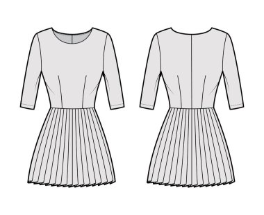 Pilili teknik moda çizimi dirsek kollu, vücuduna uygun, mini etekli. Düz giysi önü