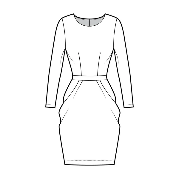 Платье тюльпан техническая мода иллюстрация с длинными рукавами, оснащенный корпус, длина колышка верхней юбки карандаша плоская одежда — стоковый вектор