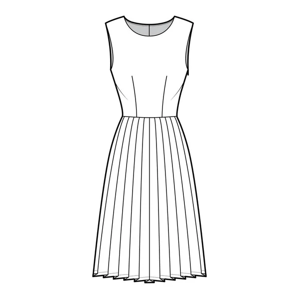 Sukienka plisowana ilustracja moda techniczna z rękawami, dopasowany korpus, spódnica długości kolana. Przód odzieży płaskiej — Wektor stockowy