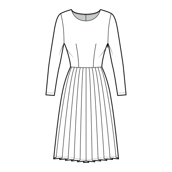 Sukienka plisowana ilustracja moda techniczna z długimi rękawami, dopasowany korpus, spódnica długości kolana. Przód odzieży płaskiej — Wektor stockowy