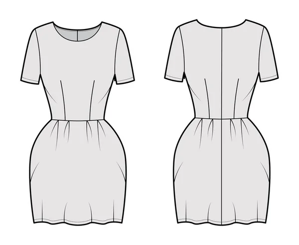 Jurk bel technische mode illustratie met korte mouwen, gemonteerd lichaam, mini lengte potlood rok. Platte kleding voorzijde — Stockvector