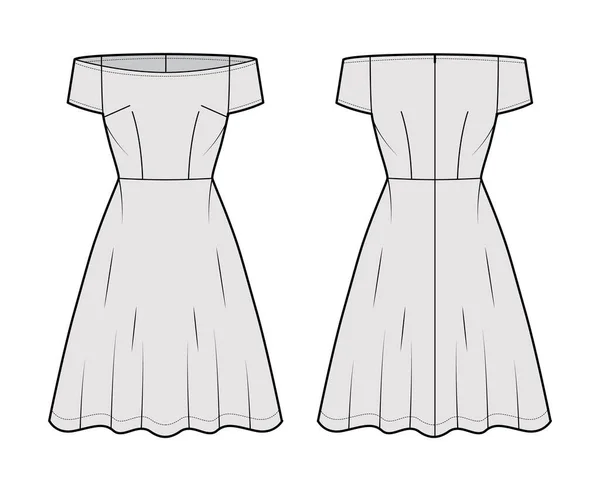 Conjunto de Vestidos fuera de hombro Bardot ilustración técnica de moda con mangas cortas, longitud de rodilla falda semicircular — Vector de stock
