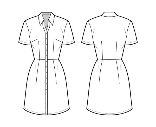 Kleid shirt technische modeillustration mit kurzen ärmeln, knielangen bleistiftrock, klassischer kragen, knopfverschluss — Stockvektor