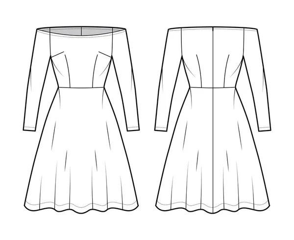 Vestido fuera de hombro Bardot ilustración técnica de moda con mangas largas, cuerpo ajustado, longitud de rodilla falda semicircular — Vector de stock