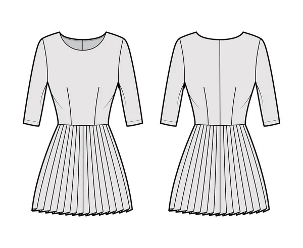 Vestido plisado técnica ilustración de moda con mangas de codo, cuerpo ajustado, mini falda de longitud. Ropa plana frontal — Vector de stock
