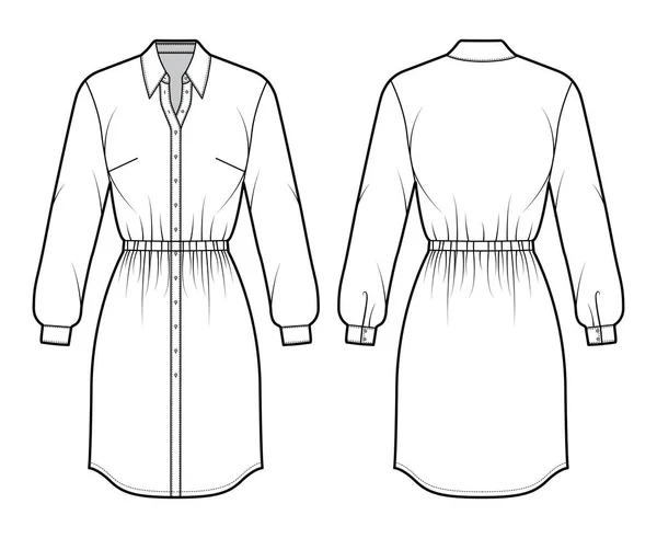Дресс-рубашка техническая мода иллюстрация с собранной талией, длинные рукава, карандашная юбка длиной до колен, классический воротник — стоковый вектор