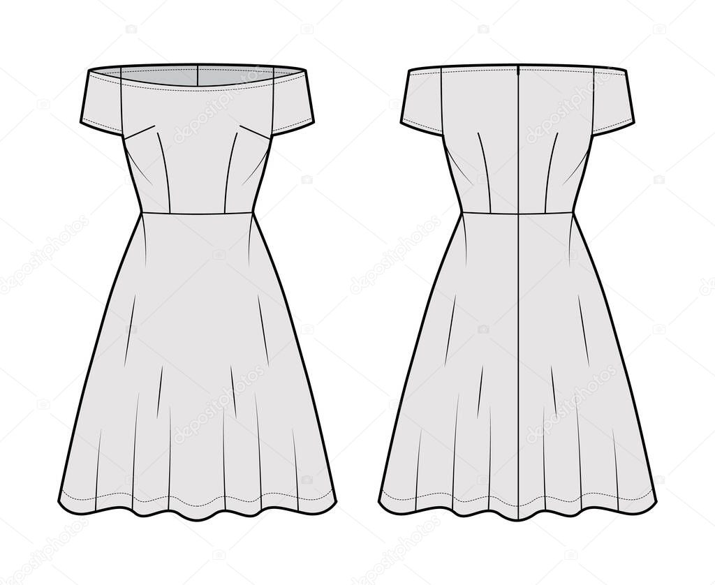 Set of Dresses off-shoulder Bardot technical fashion illustration with short sleeves, knee length semi-circular skirt