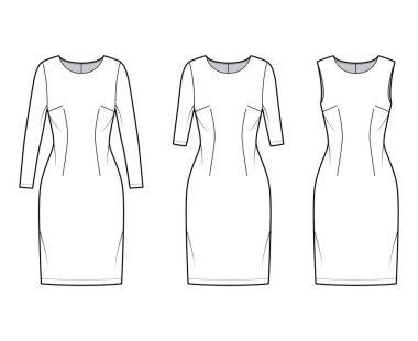 Set of Dresses sheath technical fashion illustration with long elbow short sleeves sleeveless, fitted body, knee length