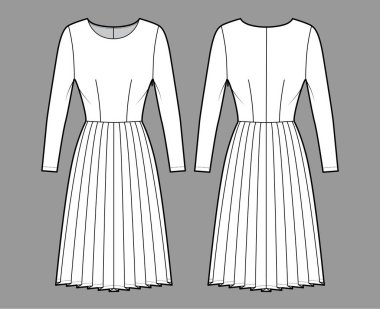 Uzun kollu, uzun vücutlu, diz boyu etekli, pileli moda illüstrasyonları. Düz giysi önü