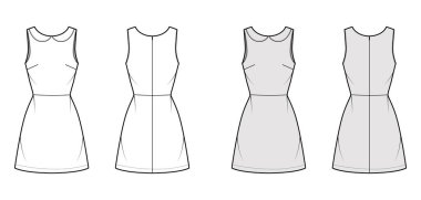 Kolsuz, Peter Pan yakalı, düzgün vücutlu, diz üstü etekli A-line teknik moda illüstrasyonu